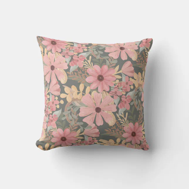 Pink Sage Green Flowers Leave Watercolor Pattern Outdoor Pillow | Zazzle