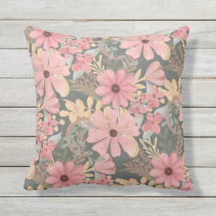 Pink Sage Green Flowers Leave Watercolor Pattern Outdoor Pillow