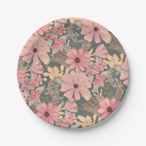 Pink Sage Green Flowers Leave Watercolor Pattern Paper Plates