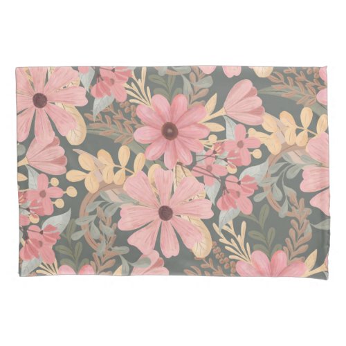 Pink Sage Green Flowers Leave Watercolor Pattern Pillow Case