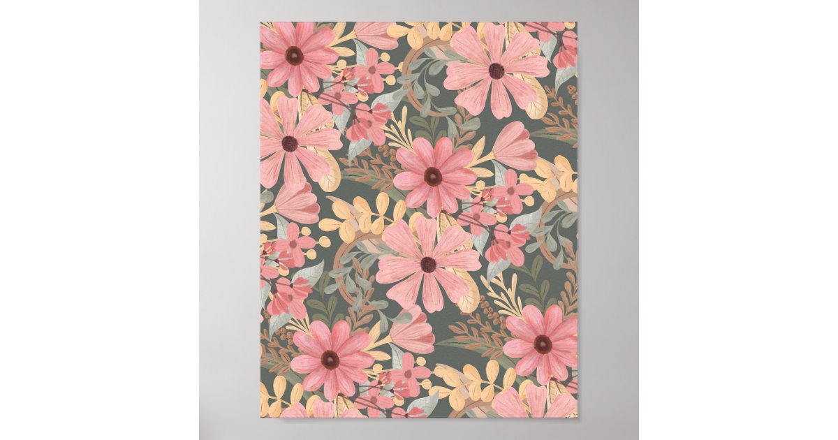 Pink Sage Green Flowers Leave Watercolor Pattern Poster | Zazzle