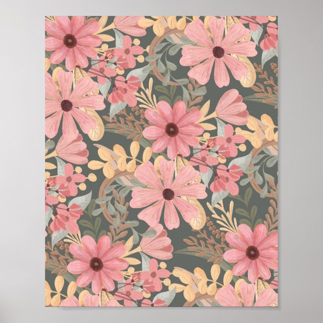 Pink Sage Green Flowers Leave Watercolor Pattern Poster (Front)