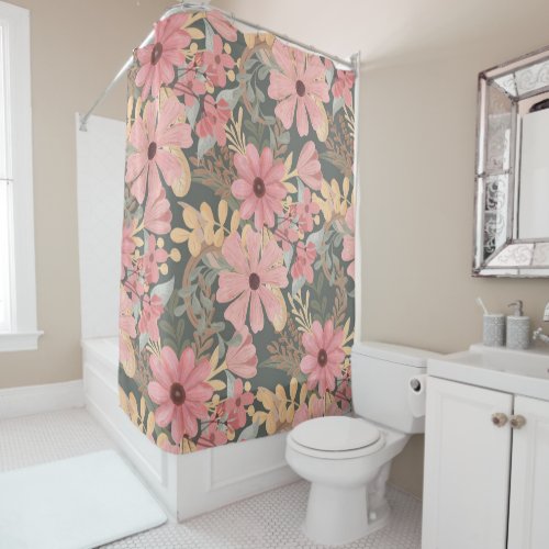 Pink Sage Green Flowers Leave Watercolor Pattern Shower Curtain