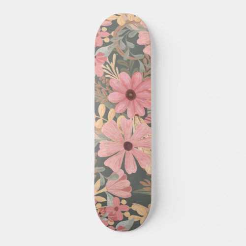 Pink Sage Green Flowers Leave Watercolor Pattern Skateboard