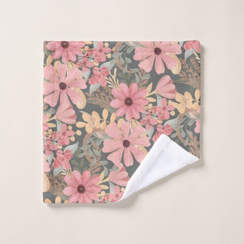 Pink Sage Green Flowers Leave Watercolor Pattern Wash Cloth