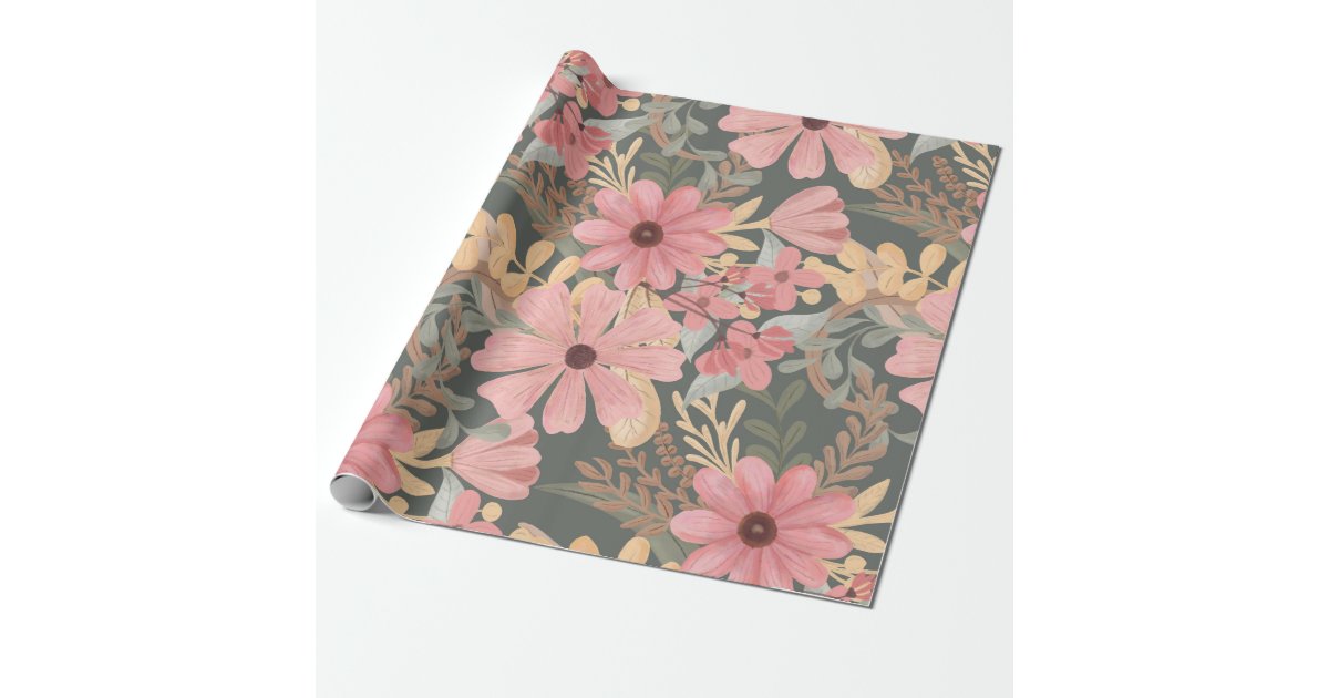 Pink Sage Green Flowers Leave Watercolor Pattern Wrapping Paper Zazzle Com