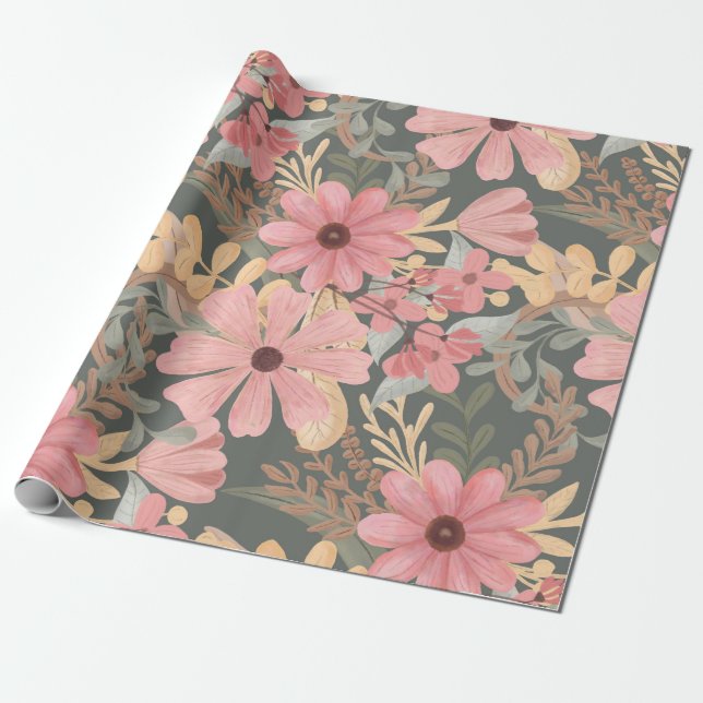 Pink Sage Green Flowers Leave Watercolor Pattern Wrapping Paper (Unrolled)