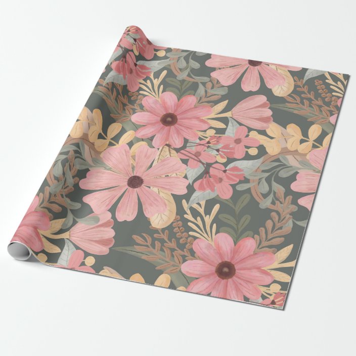 Pink Sage Green Flowers Leave Watercolor Pattern Wrapping Paper ...