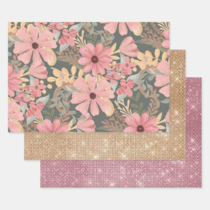 Pink Sage Green Flowers Leave Watercolor Pattern Wrapping Paper Sheets