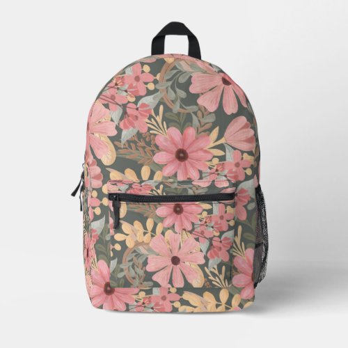 Pink Sage Green Flowers Leave Watercolor Printed Backpack