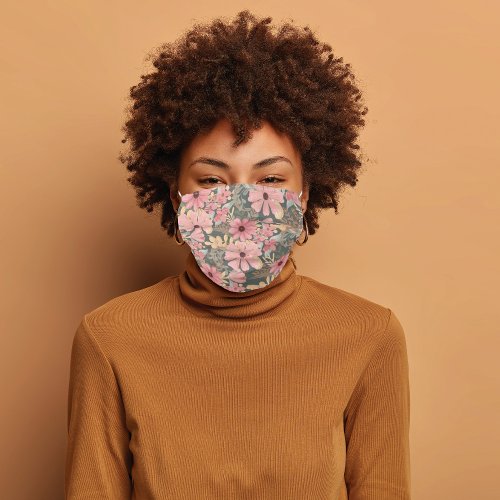 Pink Sage Green Flowers Leave Watercolor Safety Adult Cloth Face Mask