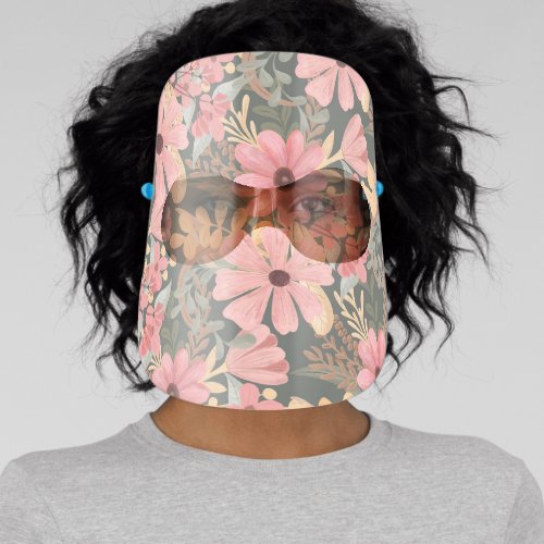 Pink Sage Green Flowers Leave Watercolor Safety Face Shield