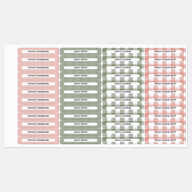Pink & Sage Green Gingham Checker Custom Name  Labels (Sheet)