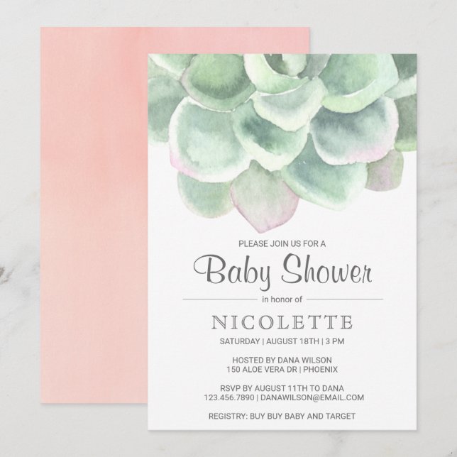 Pink Sage Green Girl Succulent Baby Shower Invitation (Front/Back)