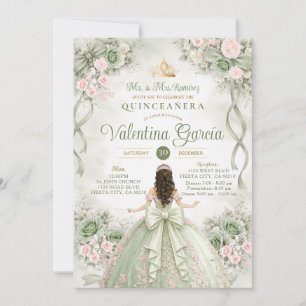 Pink & Sage Green Quinceañera Princess XV Party Invitation