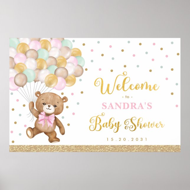 Pink Sage Green Teddy Bear Balloon Welcome Baby Poster (Front)