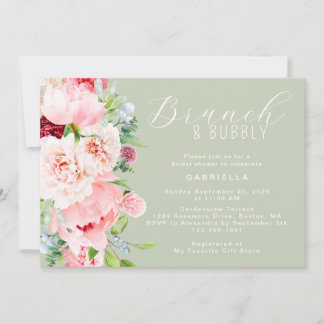 Pink Sage Green Watercolor Floral Bridal Brunch Invitation
