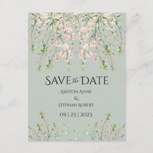 Pink Sage Green Wildflowers Elegant Floral Wedding Announcement Postcard