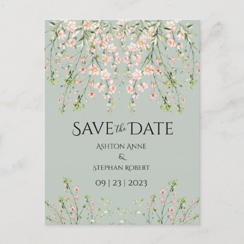 Pink Sage Green Wildflowers Elegant Floral Wedding Announcement Postcard