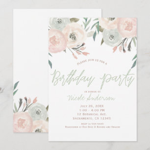 Pink Sage Mint Green Modern Floral Birthday Party Invitation