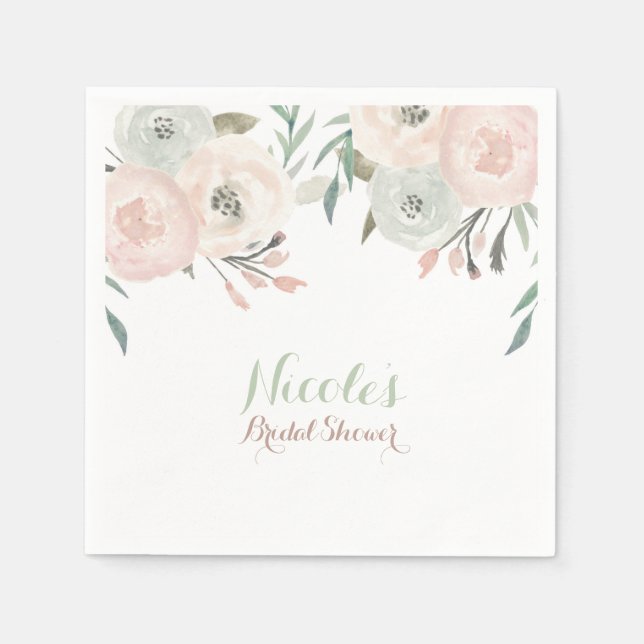 Pink & Sage Mint Green Modern Floral Elegant Paper Napkins (Front)