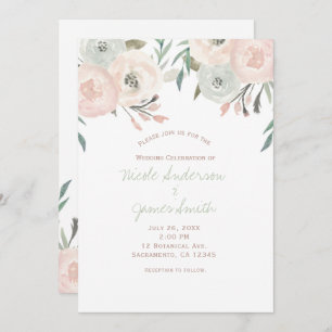 Pink Sage Mint Green Modern Floral Wedding Invitation