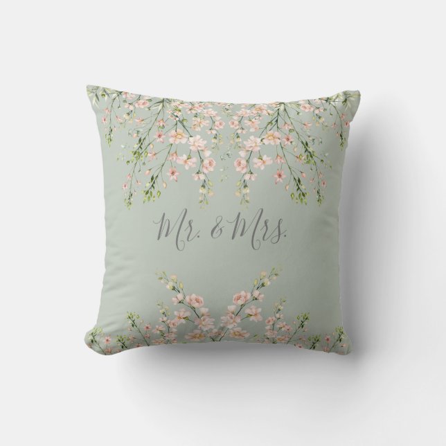 Pink Sage Mr and Mrs Floral Name Wildflowers Throw Pillow (Front)