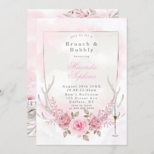 Pink Sage Peony Deer Antler Brunch  Bubbly Invite