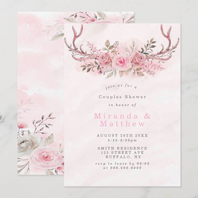 Pink Sage Peony Deer Antlers Couples Shower Invite (Front/Back)