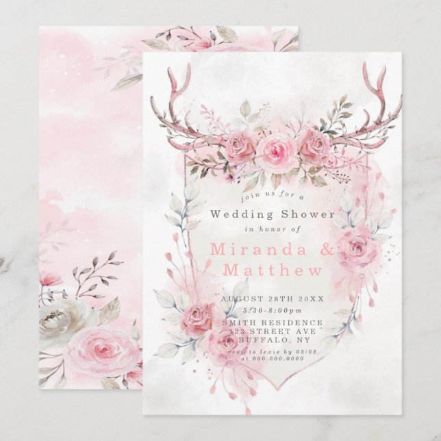 Pink Sage Peony Deer AntlerS Wedding Shower Invite (Front/Back)