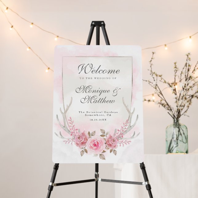 Pink Sage Peony Deer Antlers Wedding Welcome Sign (In Situ (Stand))