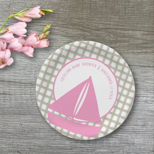 Pink Sailboat Girl Nautical Baby Shower Paper Plates