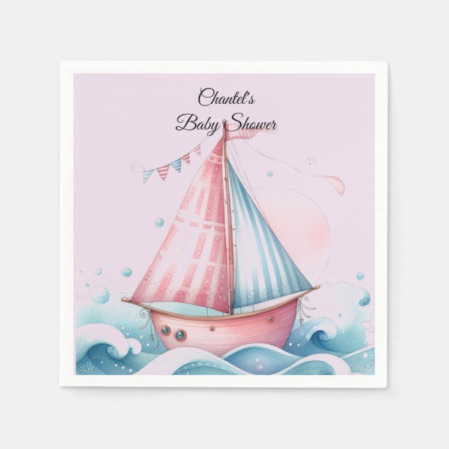 Pink Sailboat Nautical Baby Shower Paper Napkins (Front)