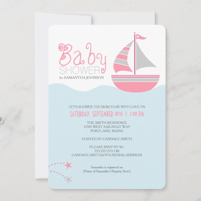Pink Sailboat Nautical Girl Baby Shower Invitation (Front)