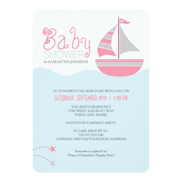 Pink Sailboat Nautical Girl Baby Shower Invitation