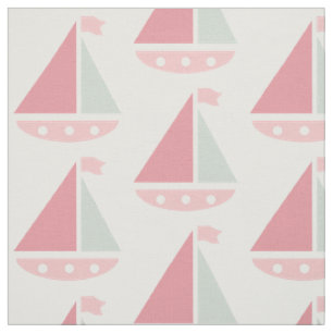 Pink Sailboat Pattern Nautical White Fabric