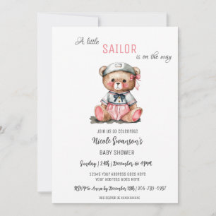Pink Sailor Nautical Bear Baby Shower Invitation