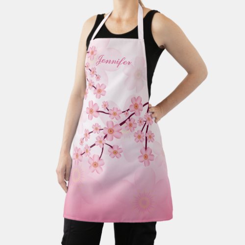 Pink Sakura Bloom Floral Branches  Custom Name Apron