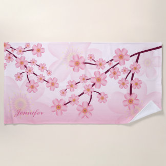 Pink Sakura Bloom Floral Branches With Custom Name Beach Towel