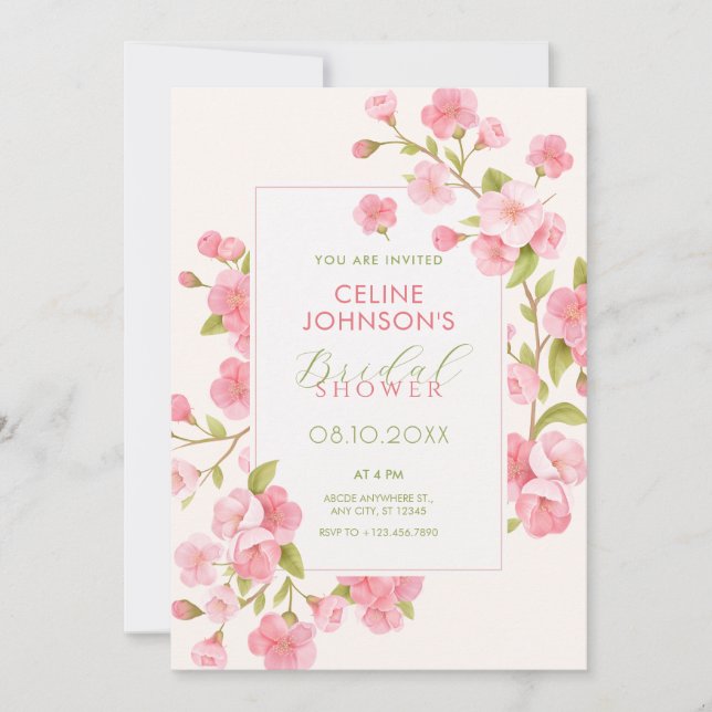 Pink sakura blossom flower bloom bridal shower invitation (Front)