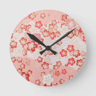 Pink Sakura Blossom Japanese Pattern   Round Clock