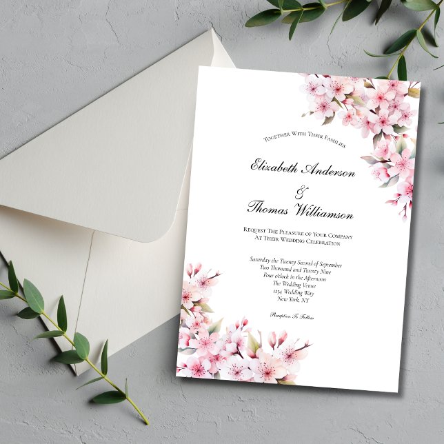 Pink Sakura Cherry Blossom Floral Elegant Wedding Invitation (Pink Sakura Cherry Blossom Floral Watercolor Elegant Wedding Invitation)