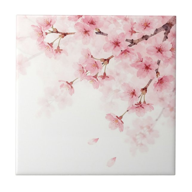 Pink Sakura Cherry Blossom Watercolor Pattern Ceramic Tile (Front)