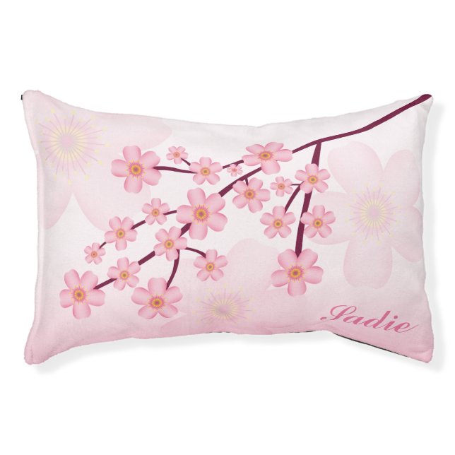 Pink Sakura Cherry Blossom With Custom Pet Name Pet Bed (Front)