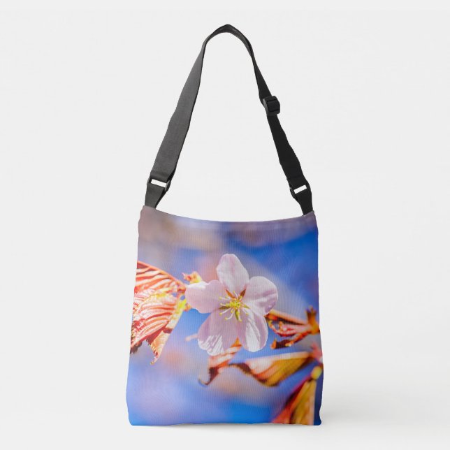 Pink Sakura Flower Blue Sky Crossbody Bag (Front)