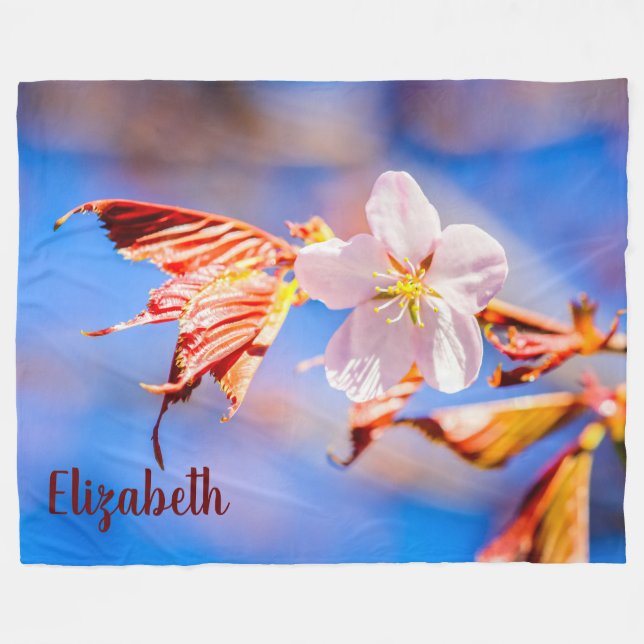 Pink Sakura Flower Blue Sky Fleece Blanket (Front (Horizontal))