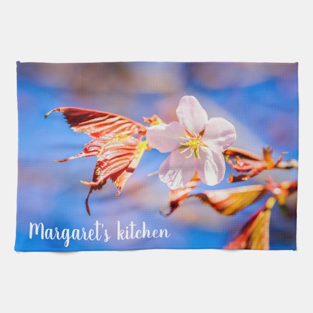 Pink Sakura Flower Blue Sky Kitchen Towel (Horizontal)