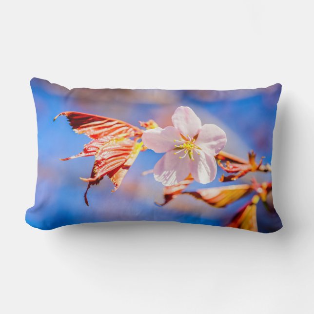Pink Sakura Flower Blue Sky Lumbar Pillow (Front)