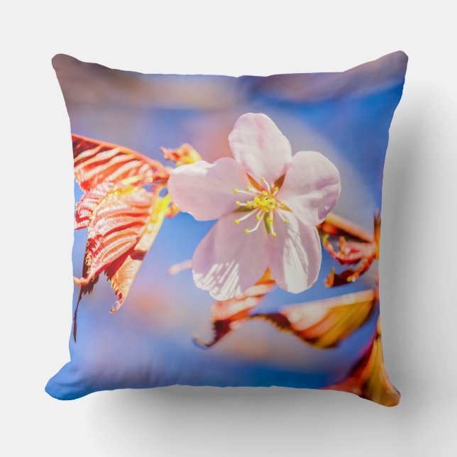Pink Sakura Flower Blue Sky Throw Pillow (Front)