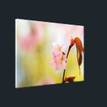 Pink Sakura Flowers And Red Leaves In Springtime Canvas Print<br><div class="desc">A small cluster of three soft pink sakura flowers on a tree twig with red leaves. The greenish and pink background of cherry blossoms and fresh foliage. The stunning beauty of the spring season. An extra-large digital painting from a photograph. Awesome floral stretched canvas print to decorate your place or...</div>